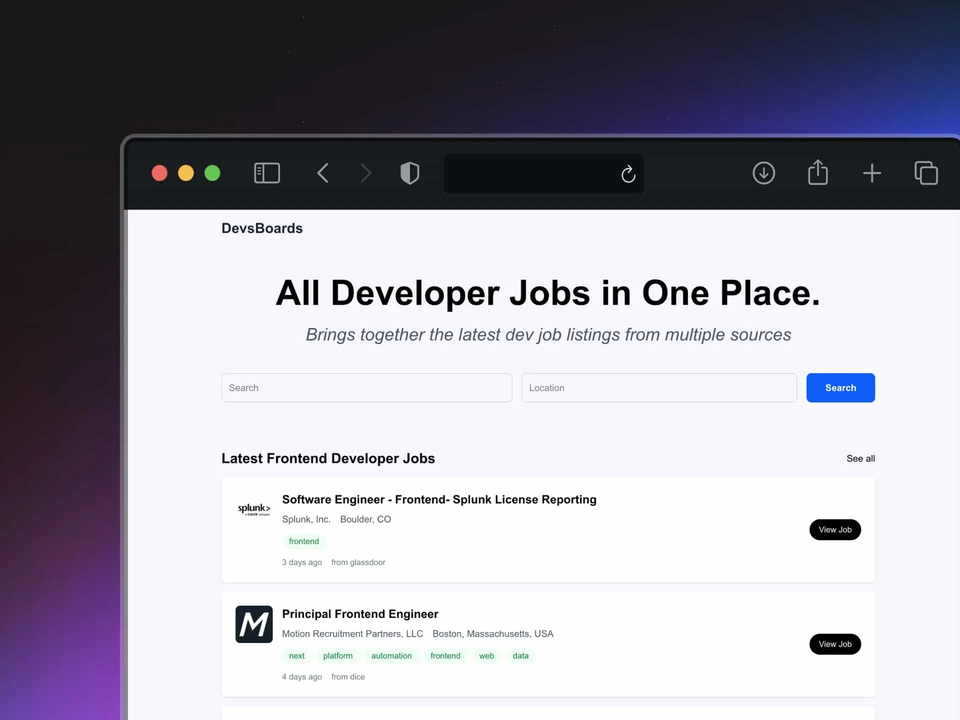DevsBoard project preview with developer job listings and search filters